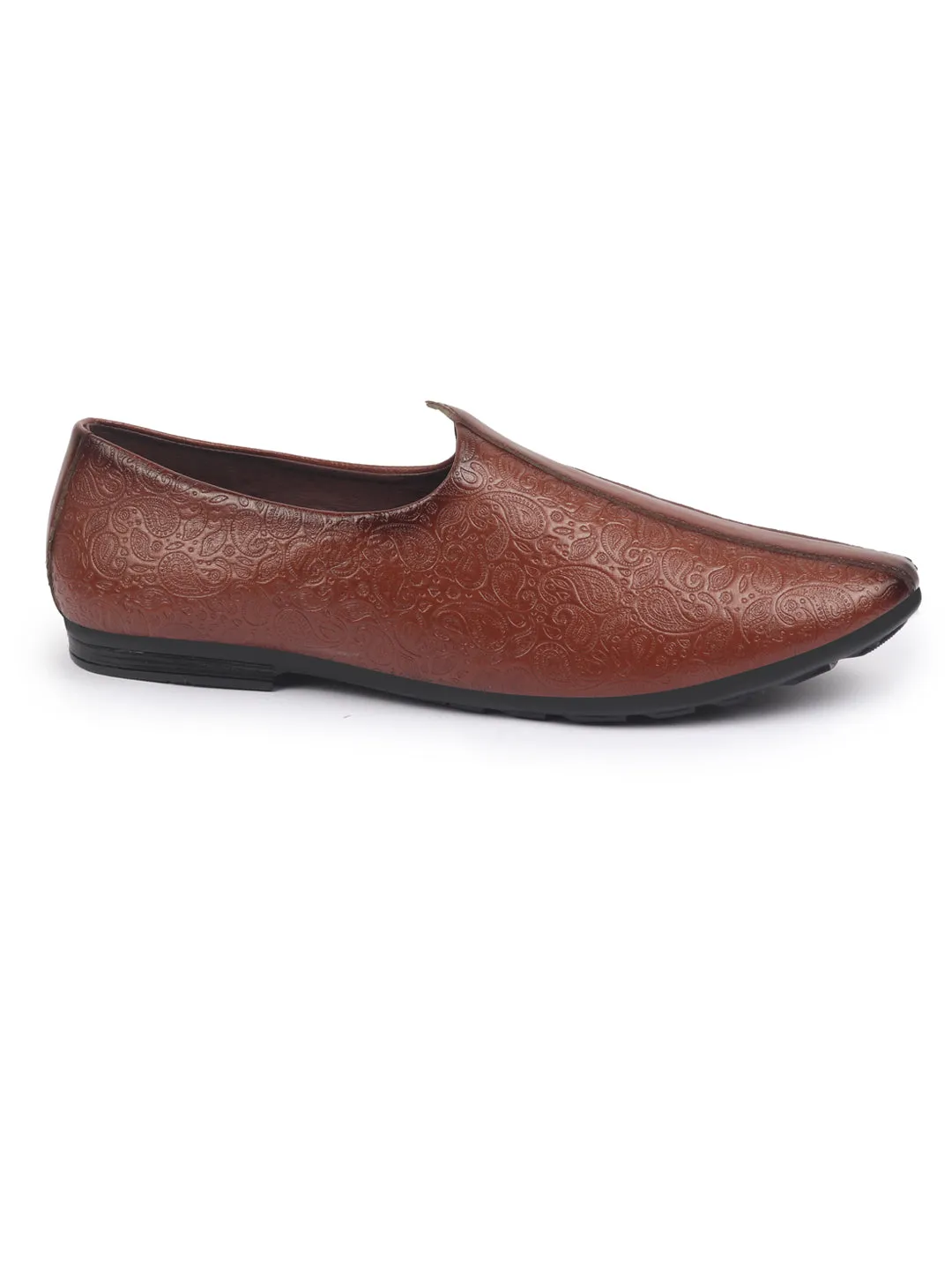 Basics Men Tan Textured Floral Prints Slip On Ethnic Juttis and Mojaris