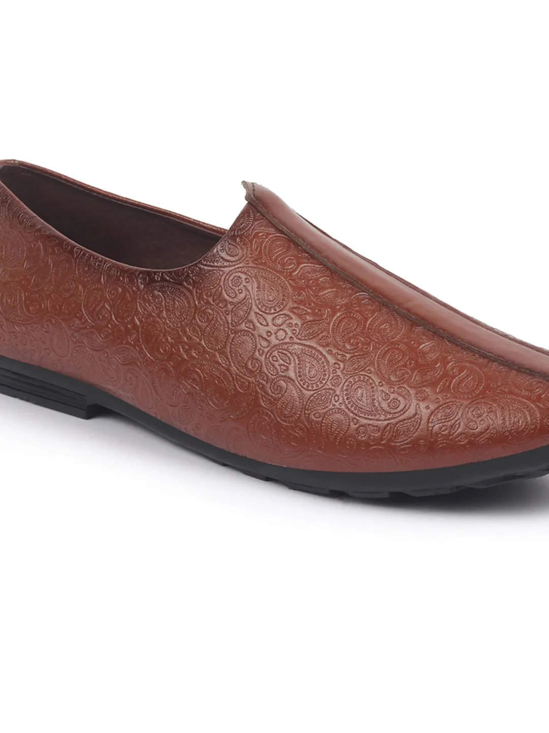 Basics Men Tan Textured Floral Prints Slip On Ethnic Juttis and Mojaris
