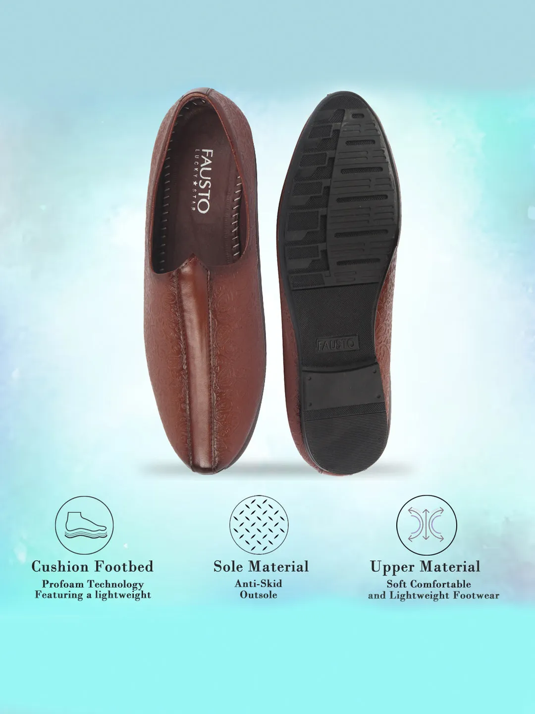 Basics Men Tan Textured Floral Prints Slip On Ethnic Juttis and Mojaris