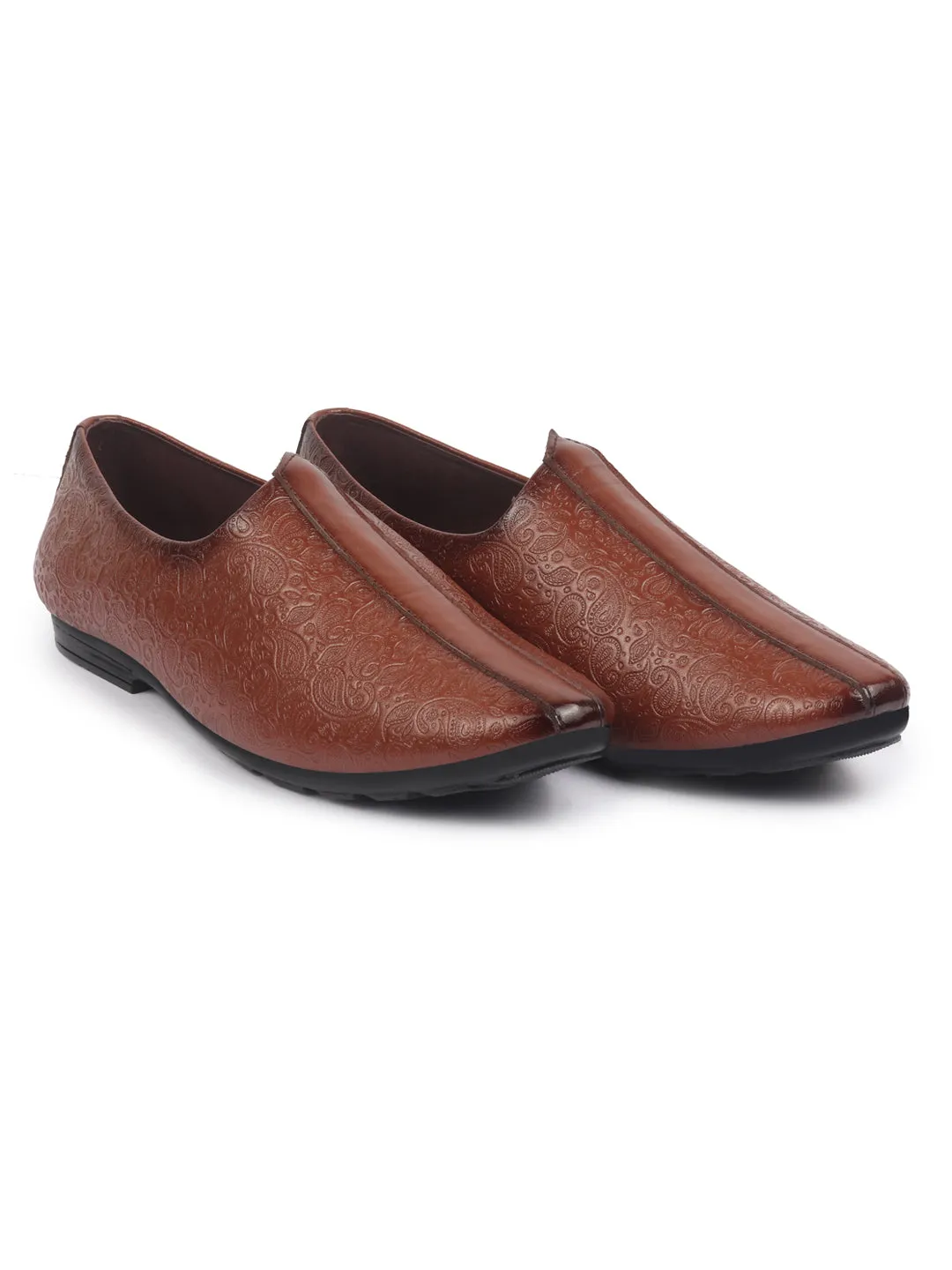 Basics Men Tan Textured Floral Prints Slip On Ethnic Juttis and Mojaris