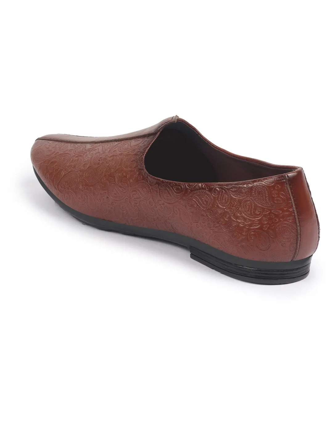 Basics Men Tan Textured Floral Prints Slip On Ethnic Juttis and Mojaris