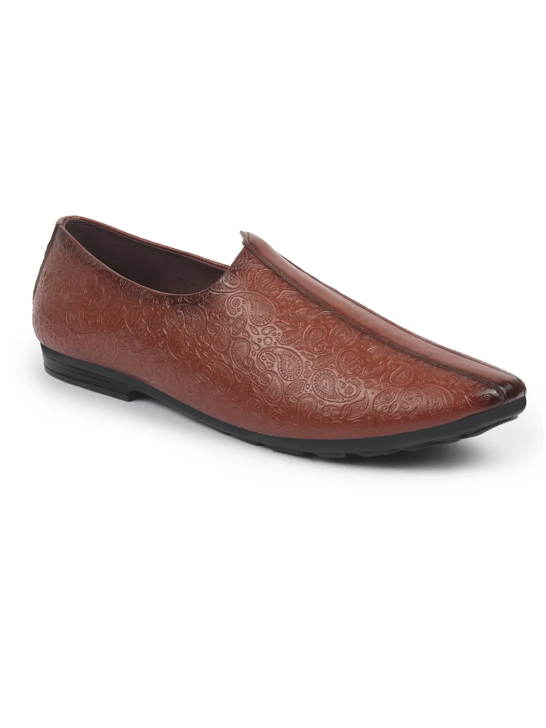 Basics Men Tan Textured Floral Prints Slip On Ethnic Juttis and Mojaris