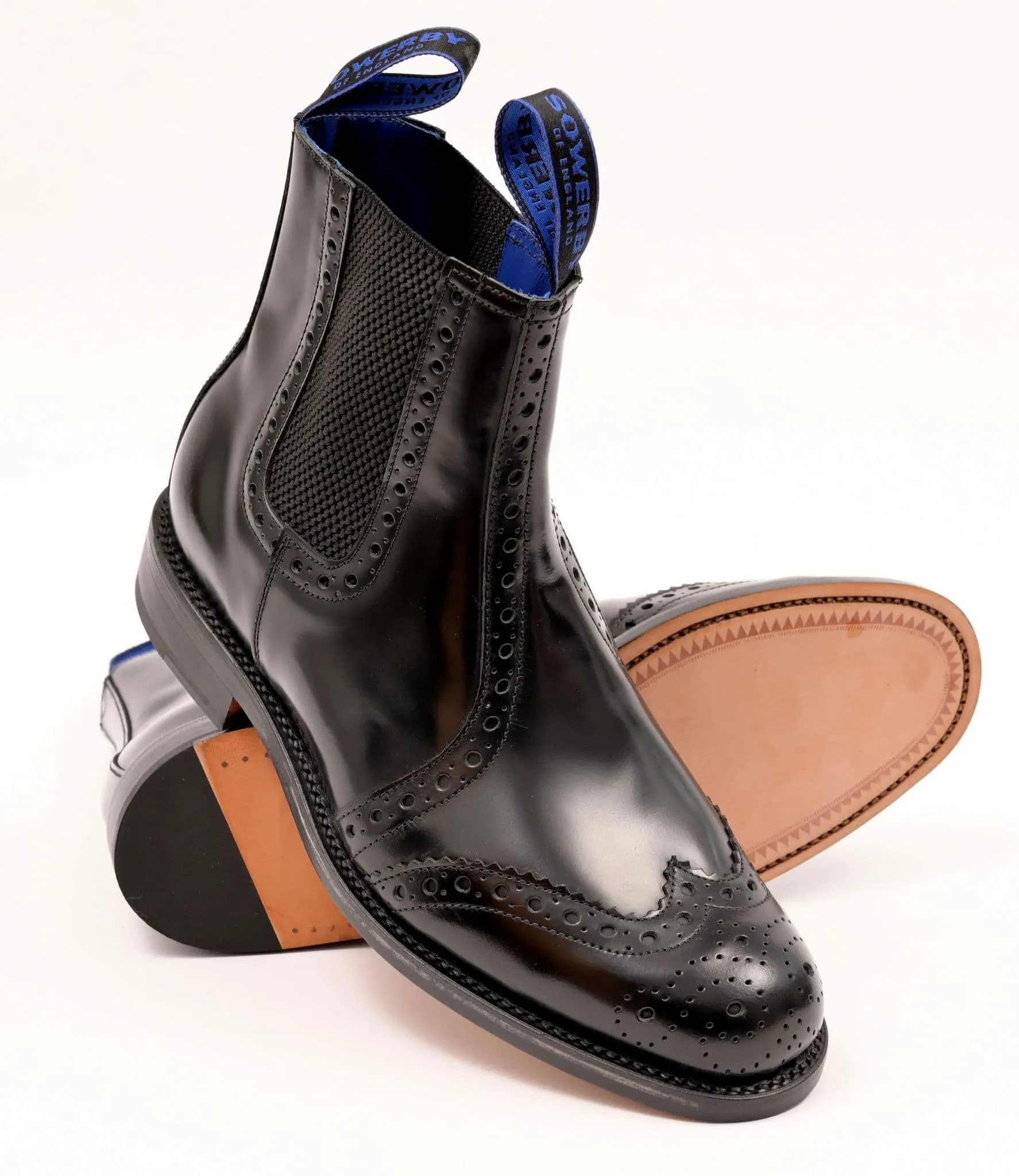 Black Polished Leather Brogue Dealer Boots - The Sowerby Kensington