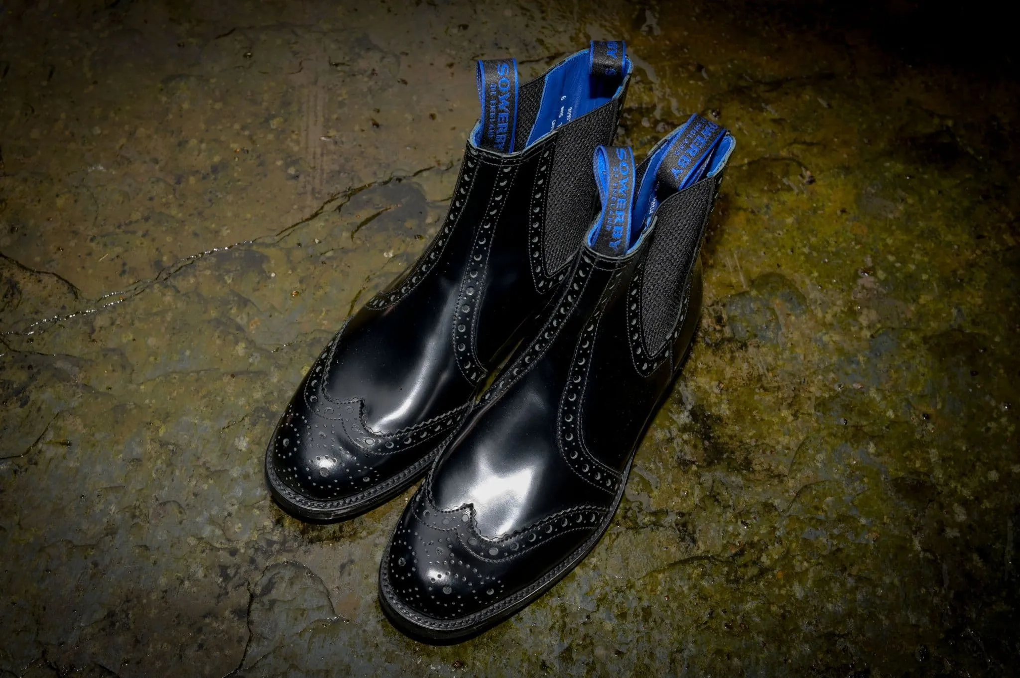 Black Polished Leather Brogue Dealer Boots - The Sowerby Kensington