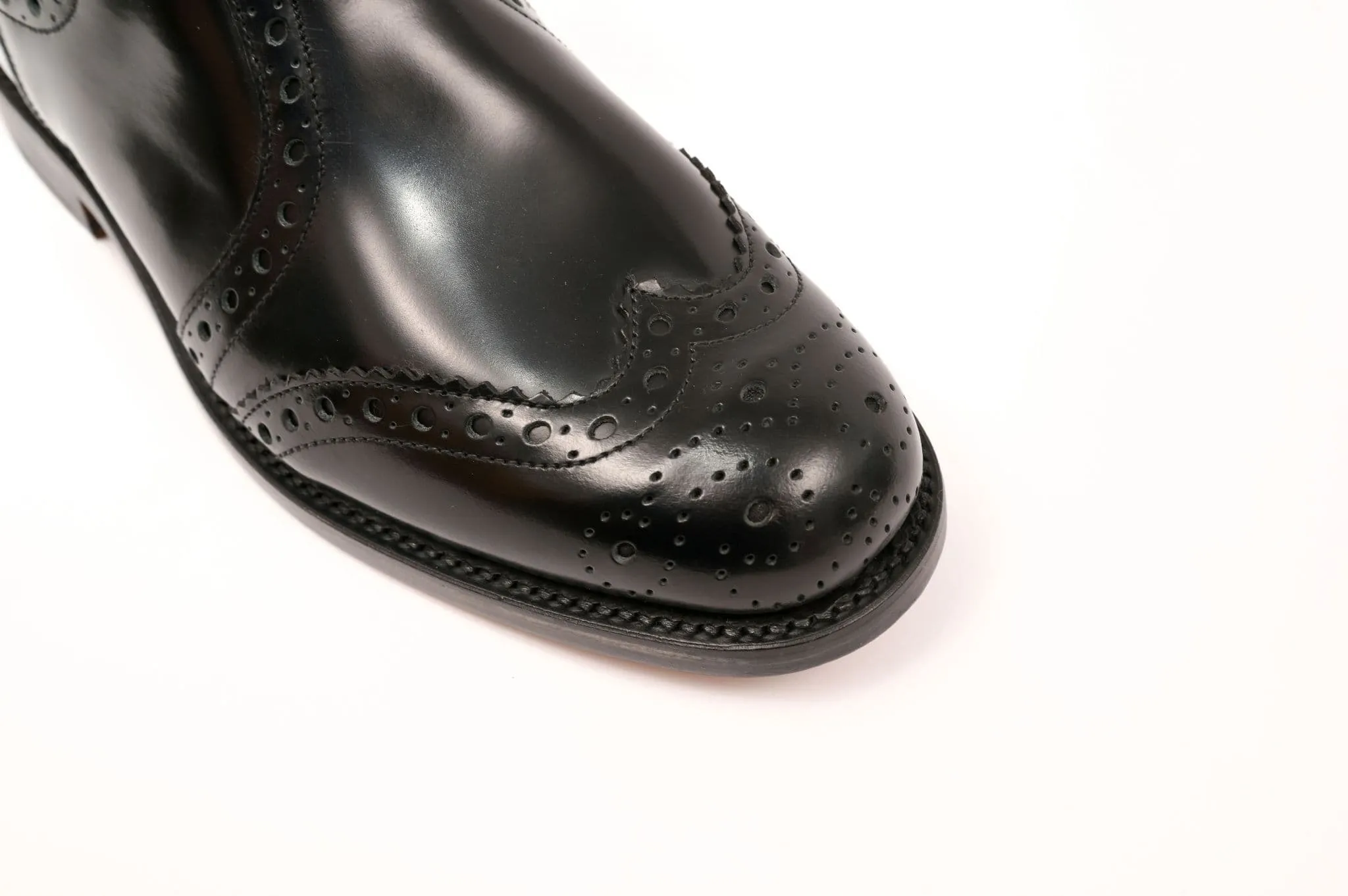 Black Polished Leather Brogue Dealer Boots - The Sowerby Kensington