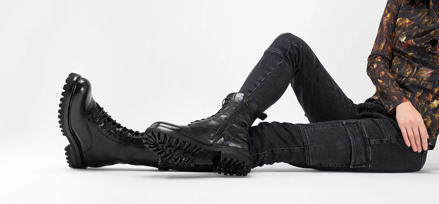CAMDEN jet-black military boots.
