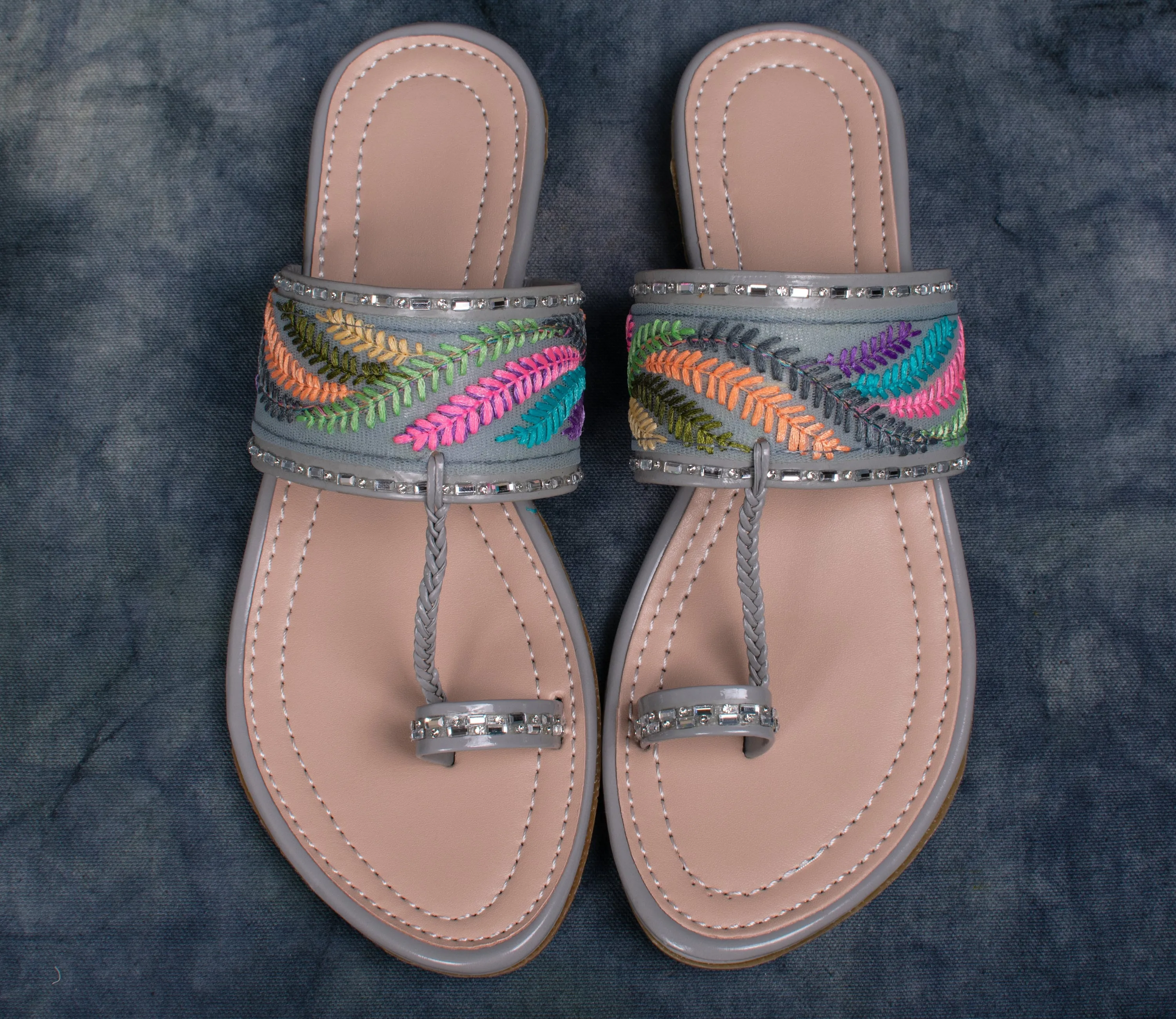 Elegant Embroidered Slip-On Sandals – Multicolor Straps