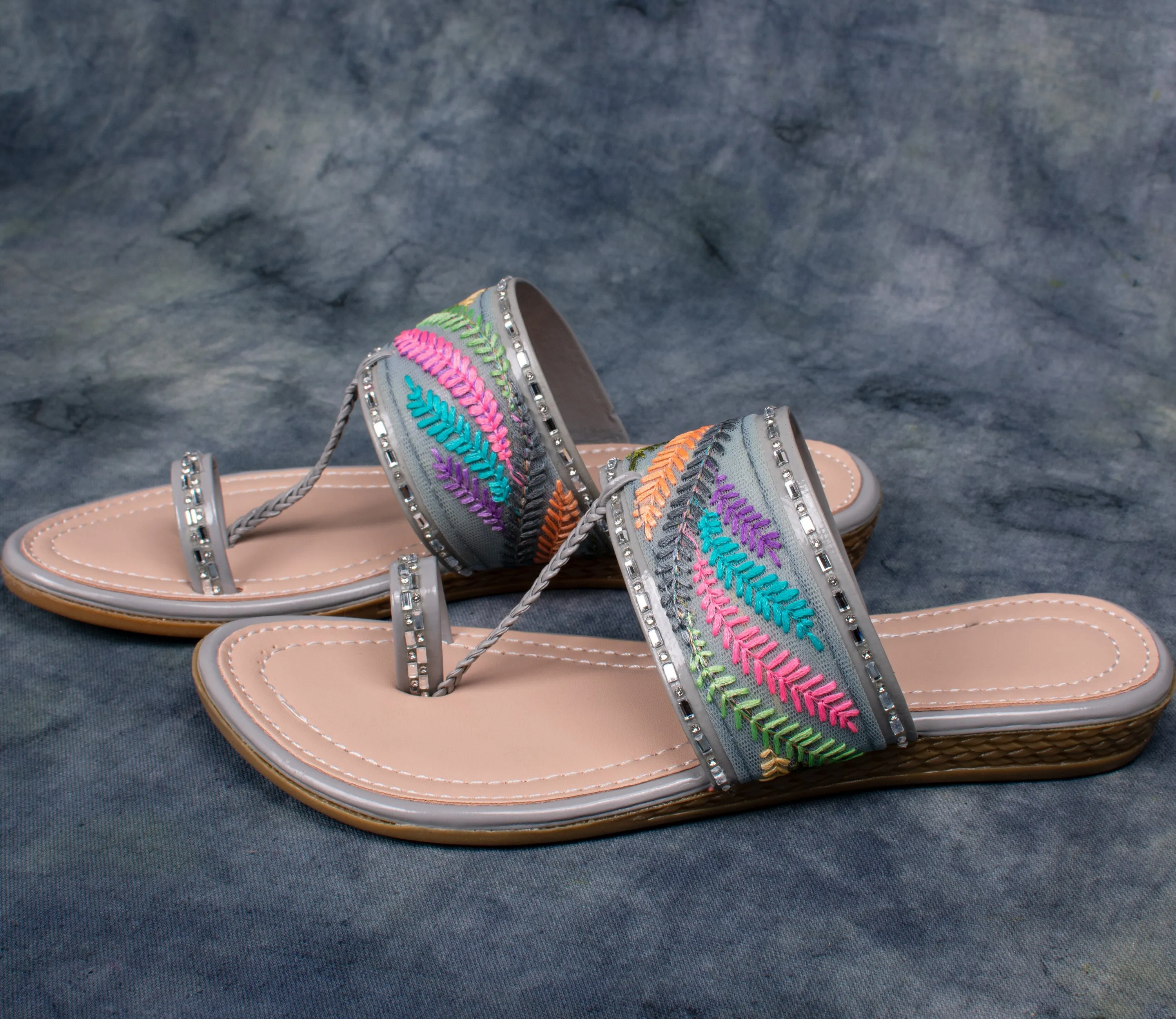 Elegant Embroidered Slip-On Sandals – Multicolor Straps