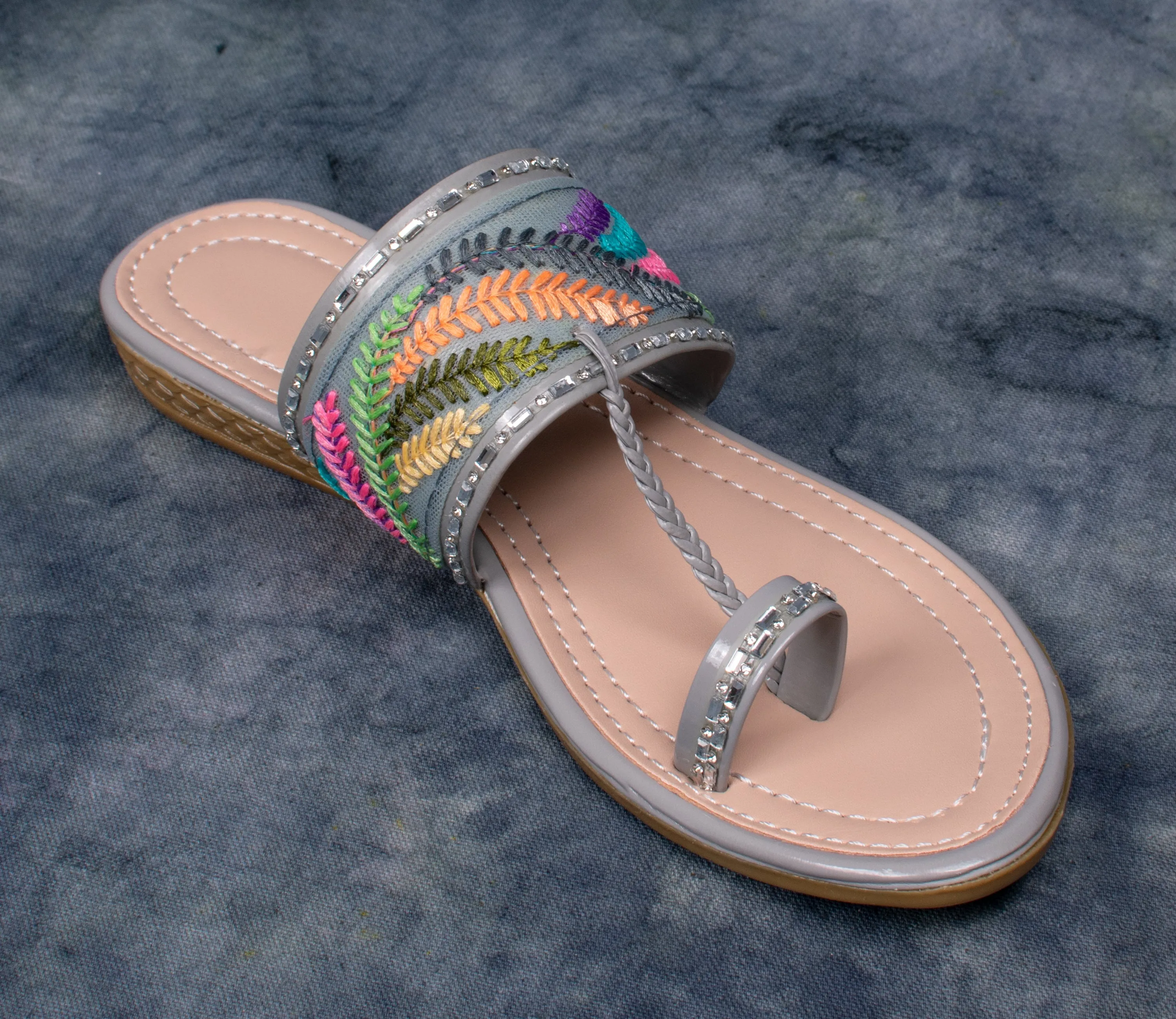 Elegant Embroidered Slip-On Sandals – Multicolor Straps