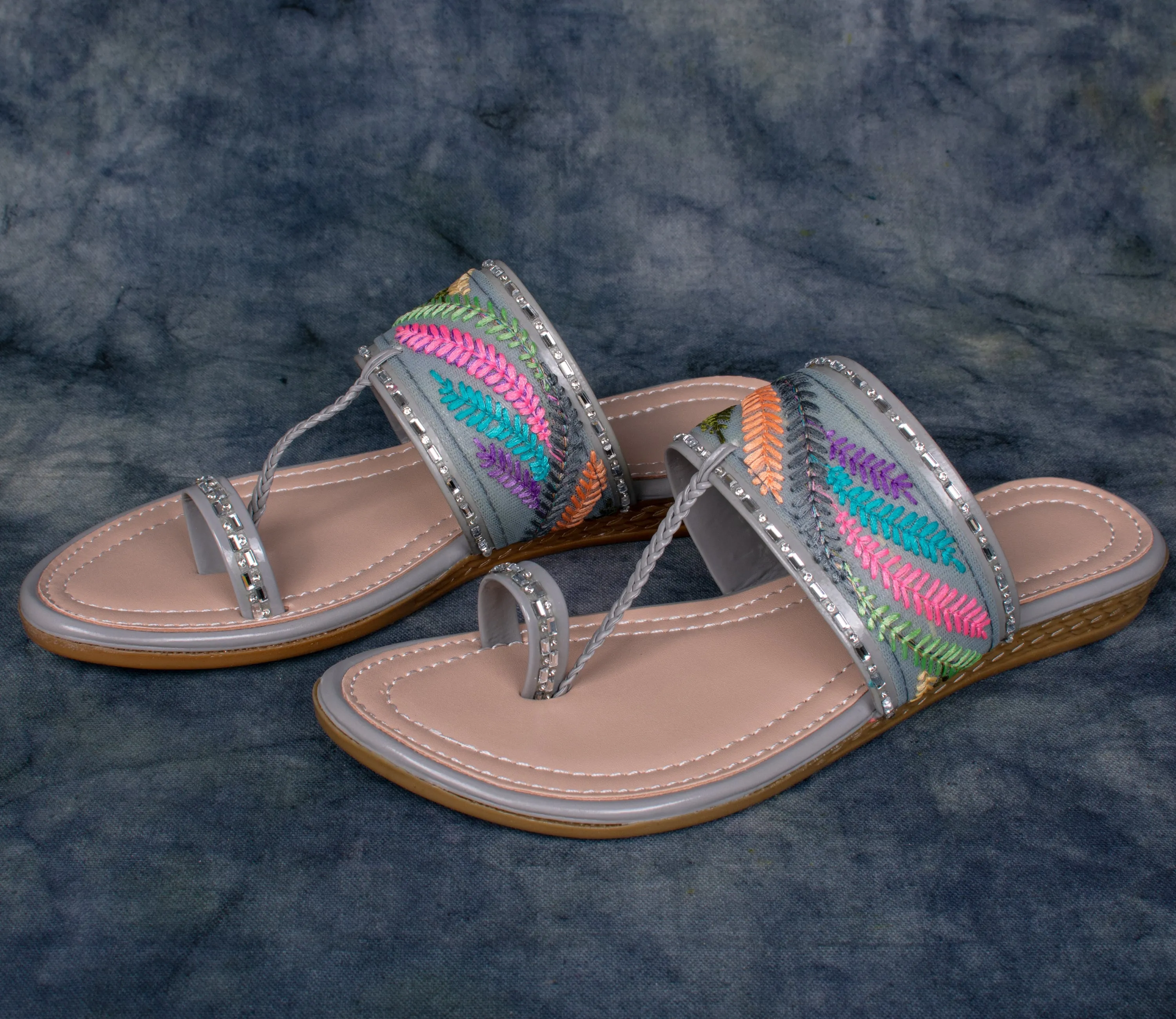 Elegant Embroidered Slip-On Sandals – Multicolor Straps