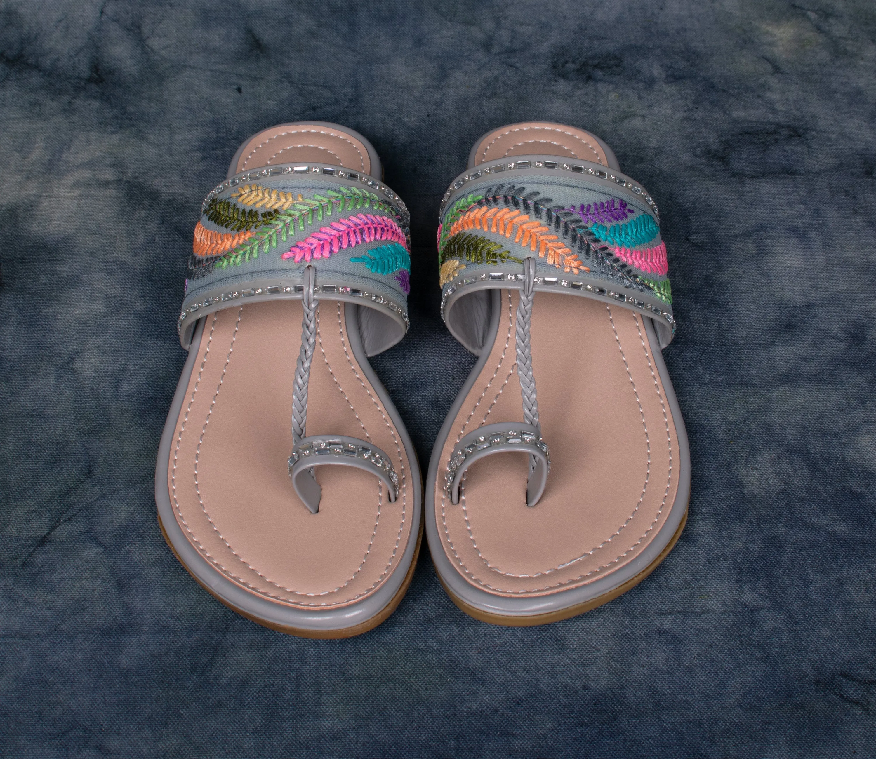 Elegant Embroidered Slip-On Sandals – Multicolor Straps