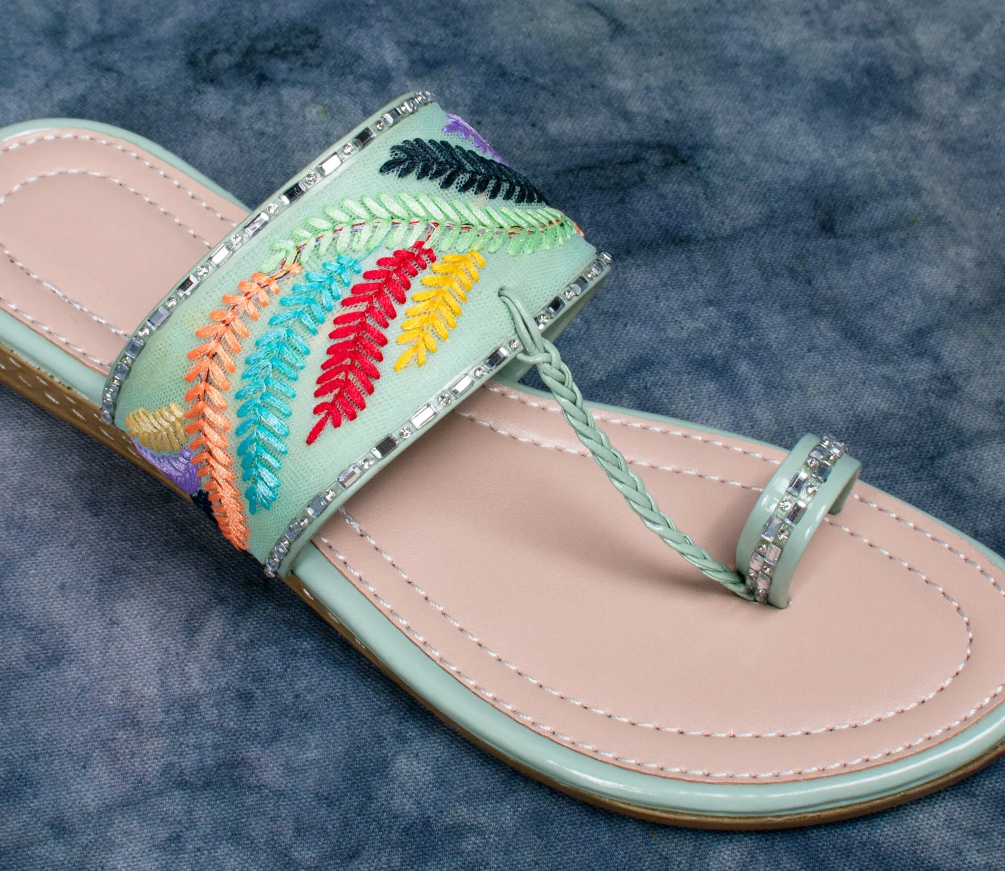 Elegant Embroidered Slip-On Sandals – Multicolor Straps
