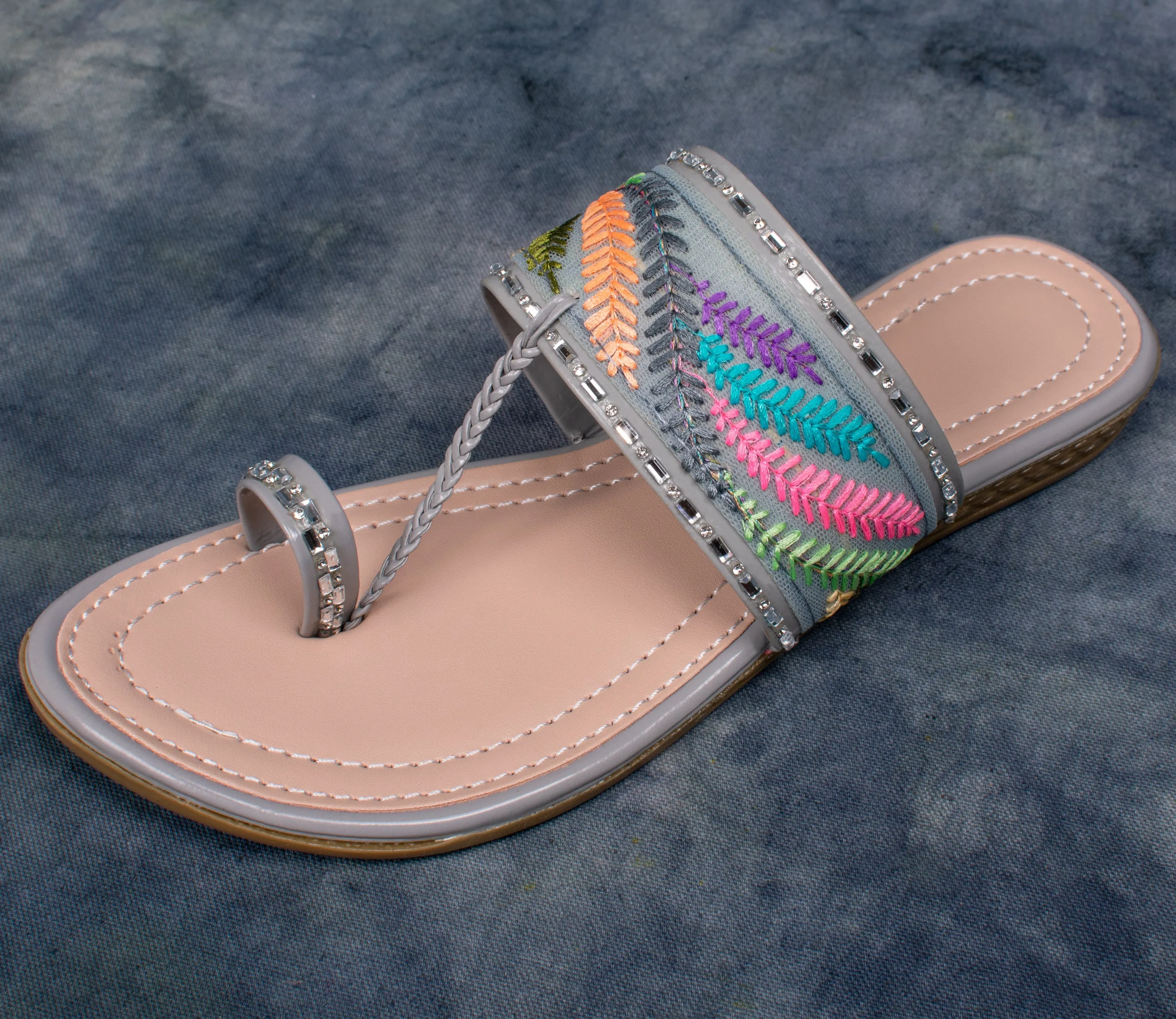 Elegant Embroidered Slip-On Sandals – Multicolor Straps
