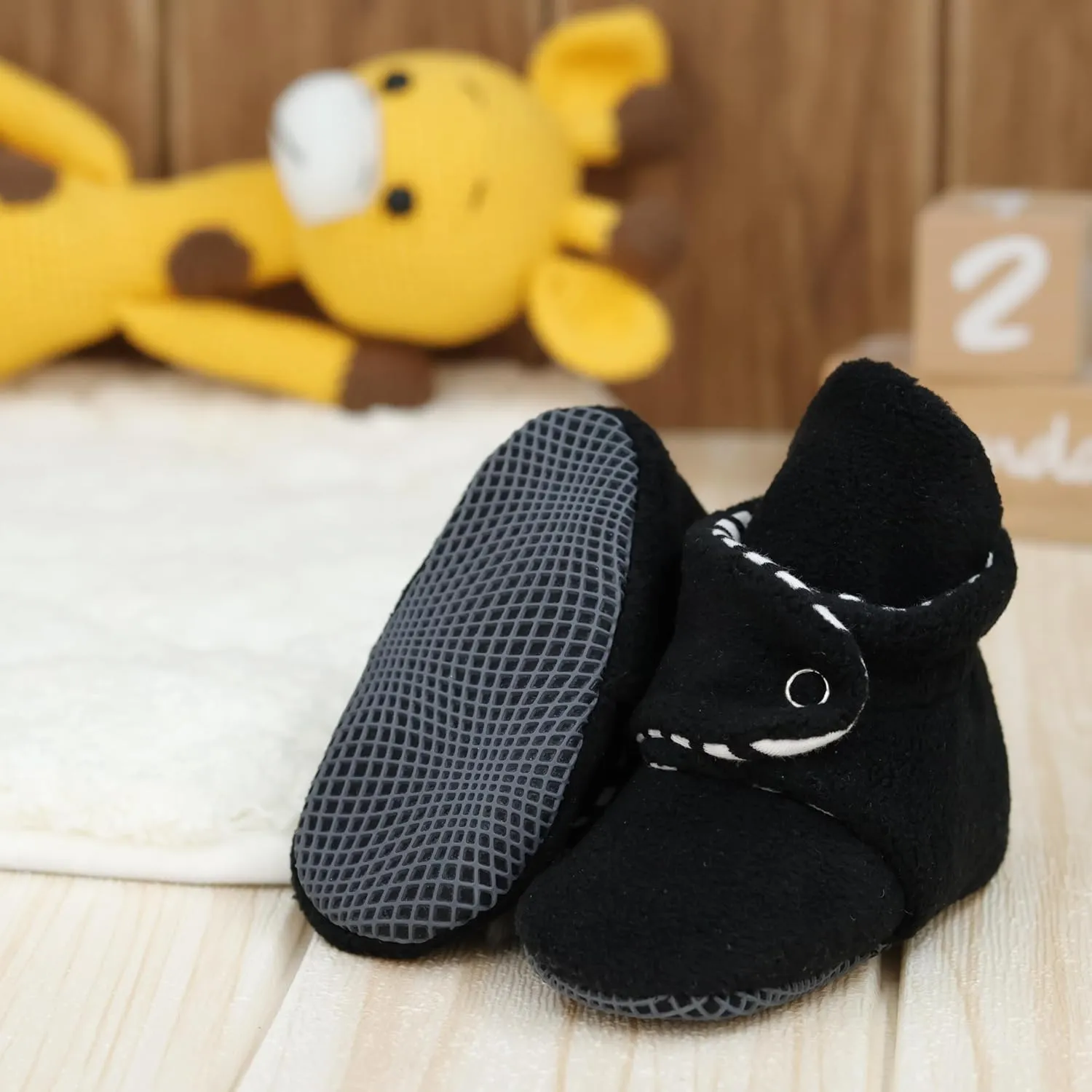 Ella Bonna Fleece Baby Booties, Three Snap Baby Slippers, Unisex Baby Gifts, Non-Slip Newborn Booties for Boys and Girls, Infant Baby Shower Shoes Months