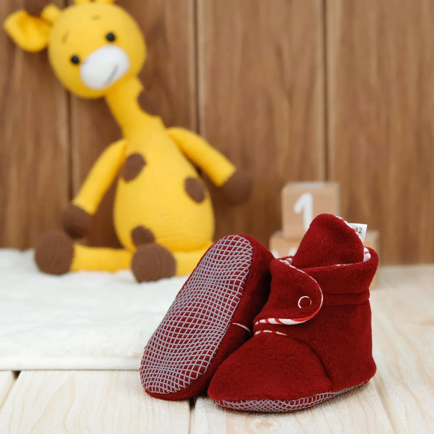 Ella Bonna Fleece Baby Booties, Three Snap Baby Slippers, Unisex Baby Gifts, Non-Slip Newborn Booties for Boys and Girls, Infant Baby Shower Shoes Months