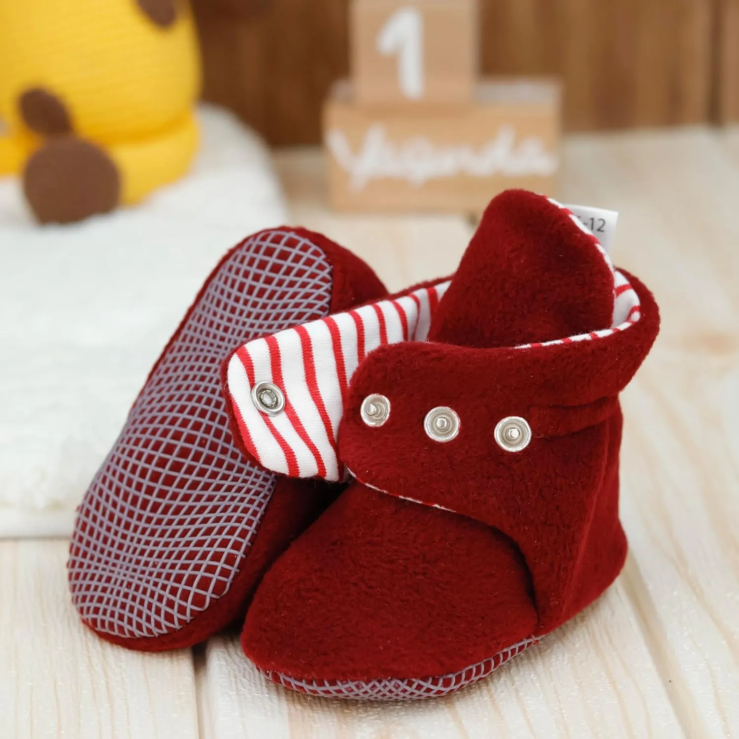 Ella Bonna Fleece Baby Booties, Three Snap Baby Slippers, Unisex Baby Gifts, Non-Slip Newborn Booties for Boys and Girls, Infant Baby Shower Shoes Months