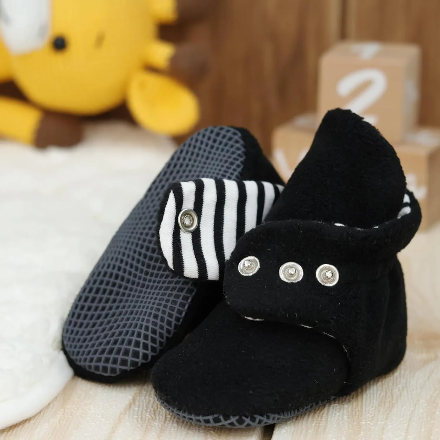 Ella Bonna Fleece Baby Booties, Three Snap Baby Slippers, Unisex Baby Gifts, Non-Slip Newborn Booties for Boys and Girls, Infant Baby Shower Shoes Months