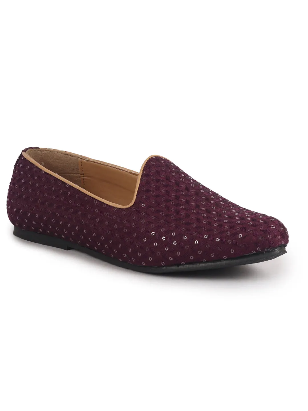 FAUSTO Men Maroon Embroidery Sequin Ethnic Slip On Juttis and Mojaris for Wedding|Traditional Sherwani Shoes|Party Slip-On Kurta Shoe