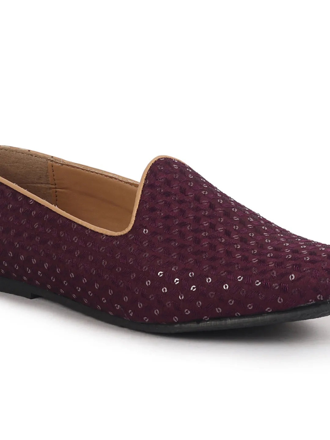 FAUSTO Men Maroon Embroidery Sequin Ethnic Slip On Juttis and Mojaris for Wedding|Traditional Sherwani Shoes|Party Slip-On Kurta Shoe