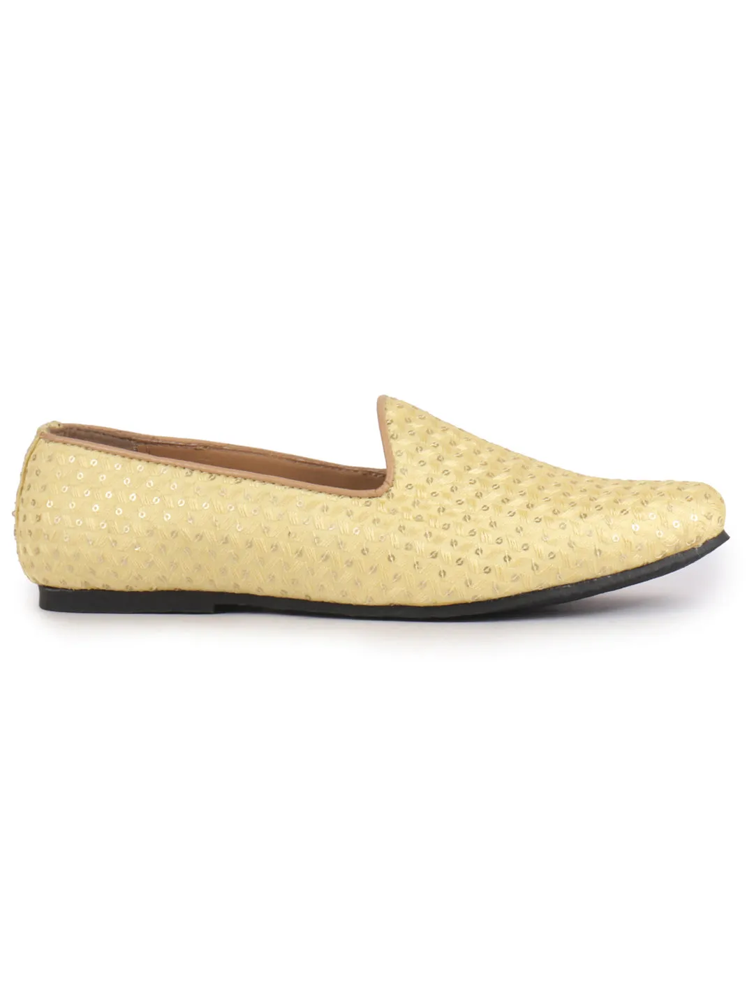 FAUSTO Men Yellow Embroidery Sequin Ethnic Slip On Juttis and Mojaris for Wedding|Traditional Sherwani Shoes|Party Slip-On Kurta Shoe