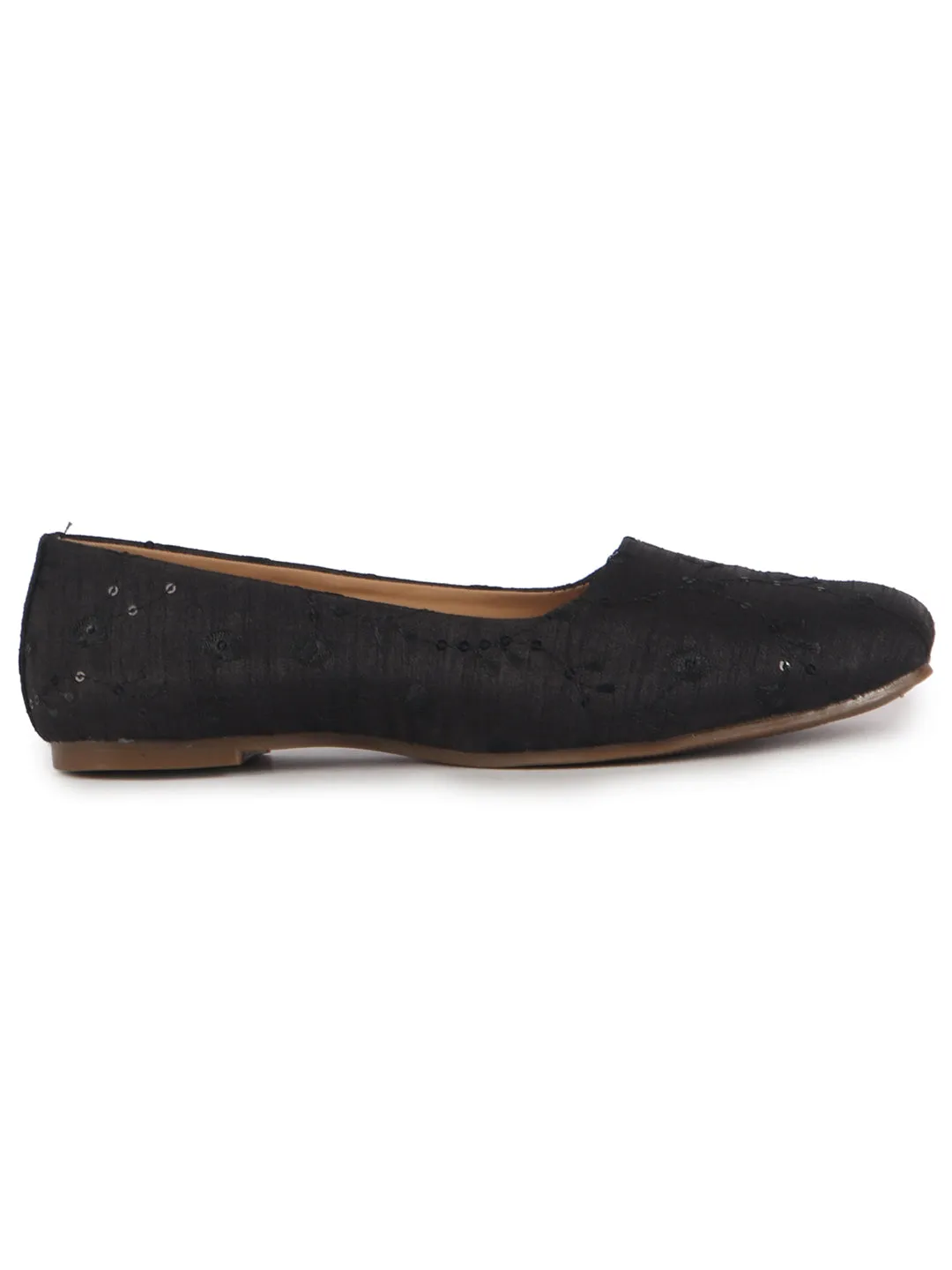 FAUSTO Women Black Embroidery Ethnic Slip On Juttis and Mojaris for Wedding|Indian Traditional Punjabi Jutti|Anarkali Kurta Slip On Shoe