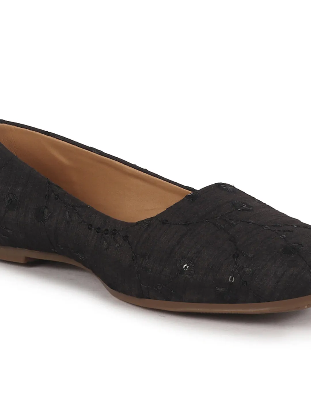FAUSTO Women Black Embroidery Ethnic Slip On Juttis and Mojaris for Wedding|Indian Traditional Punjabi Jutti|Anarkali Kurta Slip On Shoe