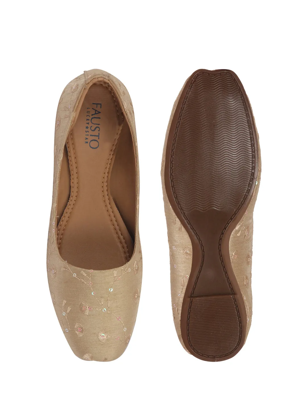 FAUSTO Women Golden Embroidery Ethnic Slip On Juttis and Mojaris for Wedding|Indian Traditional Punjabi Jutti|Anarkali Kurta Slip On Shoe