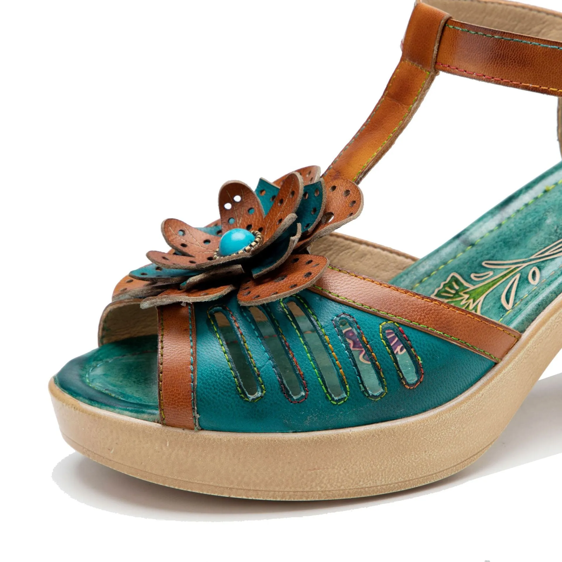 Genuine Leather Hand-polished Retro Casual Three-dimensional Flower Thick-heeled Sandals