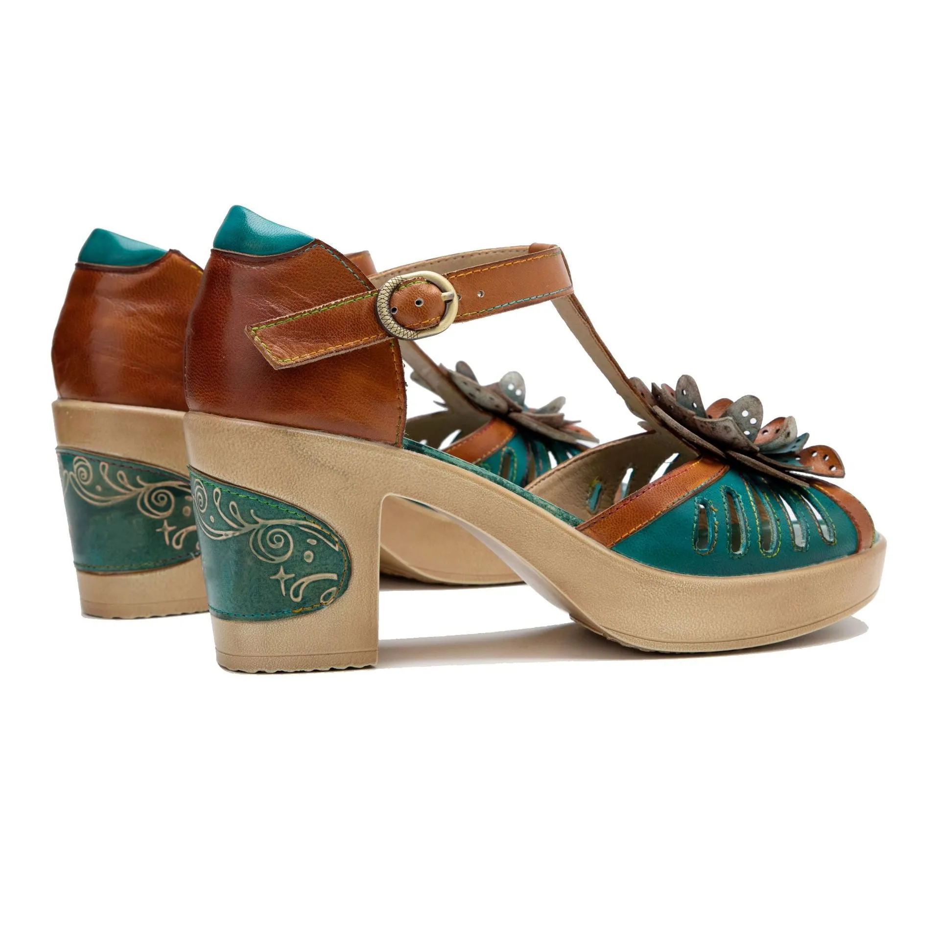 Genuine Leather Hand-polished Retro Casual Three-dimensional Flower Thick-heeled Sandals