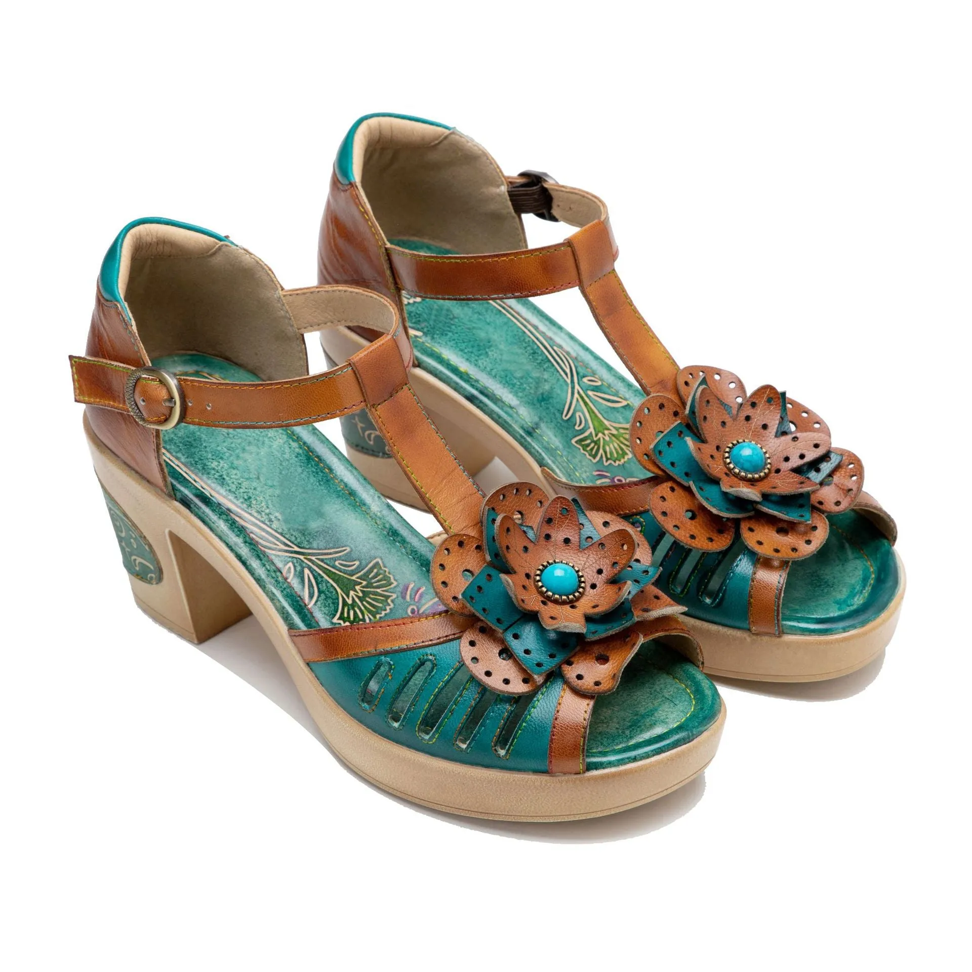 Genuine Leather Hand-polished Retro Casual Three-dimensional Flower Thick-heeled Sandals