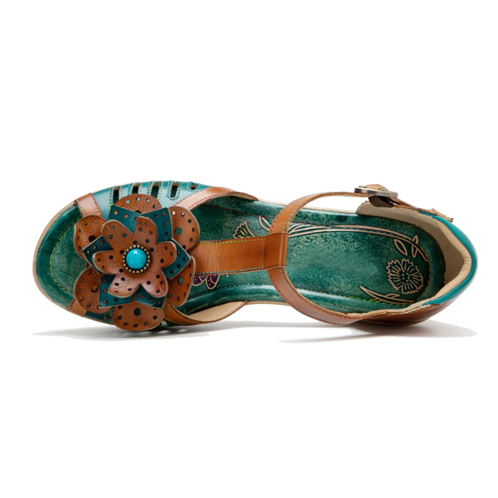 Genuine Leather Hand-polished Retro Casual Three-dimensional Flower Thick-heeled Sandals