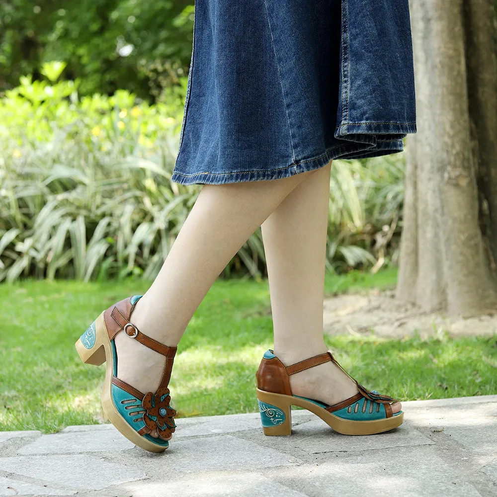 Genuine Leather Hand-polished Retro Casual Three-dimensional Flower Thick-heeled Sandals