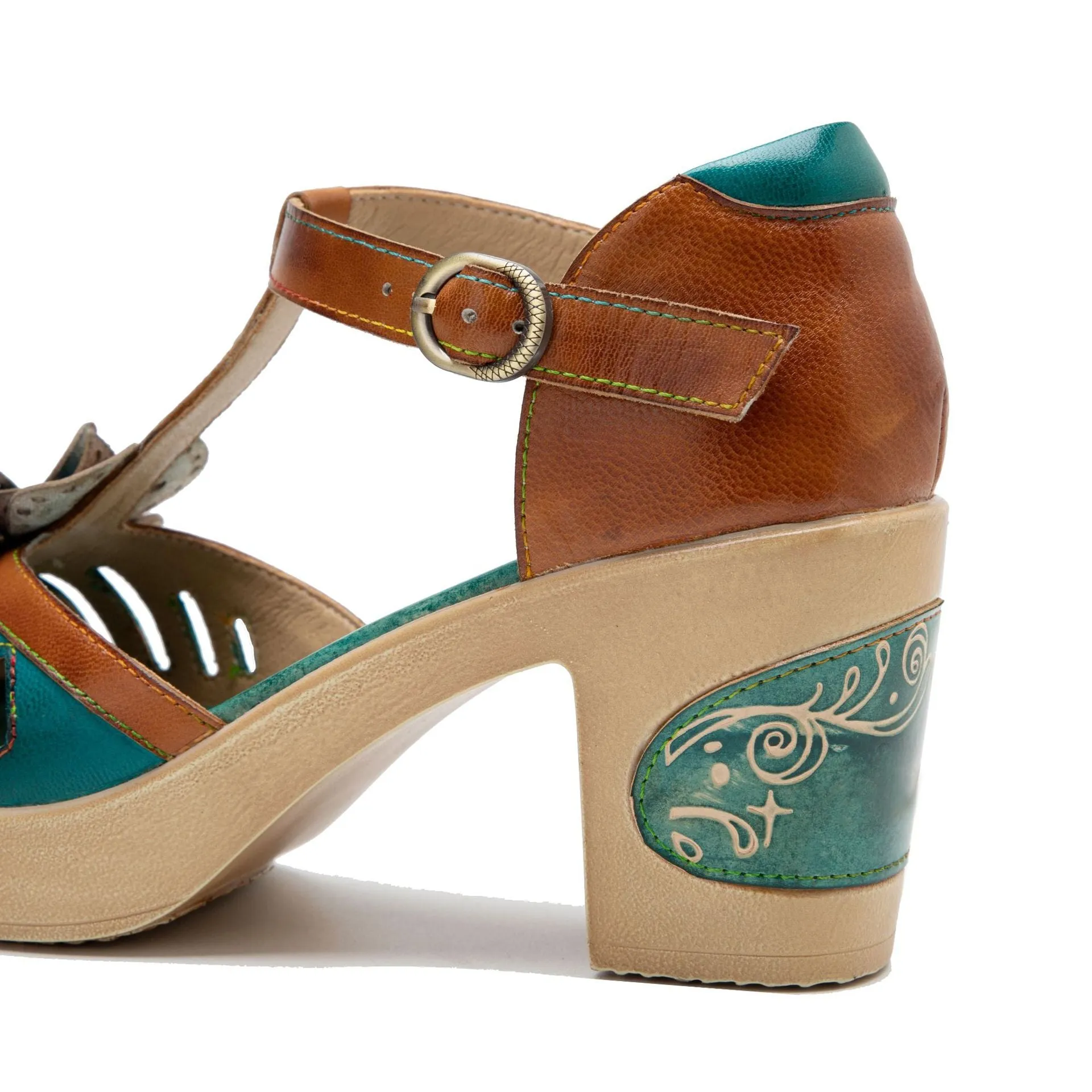 Genuine Leather Hand-polished Retro Casual Three-dimensional Flower Thick-heeled Sandals