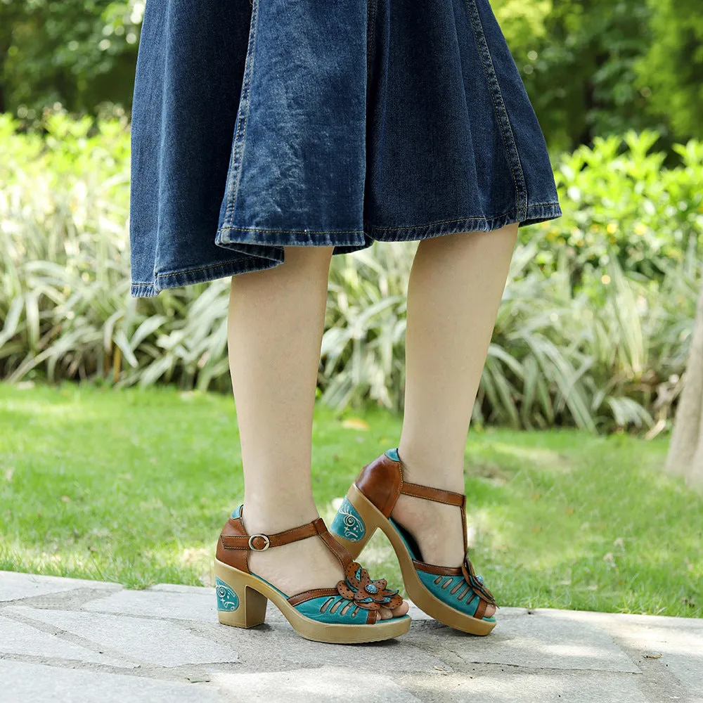 Genuine Leather Hand-polished Retro Casual Three-dimensional Flower Thick-heeled Sandals