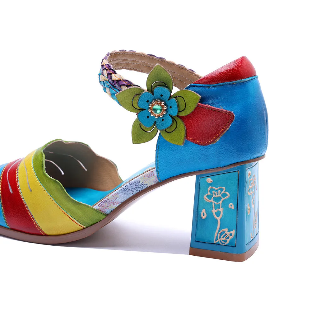 Genuine Leather Hand-polished Retro Color Matching Fashion High-heeled Sandals