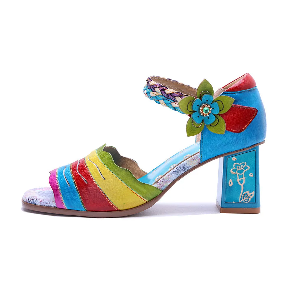 Genuine Leather Hand-polished Retro Color Matching Fashion High-heeled Sandals