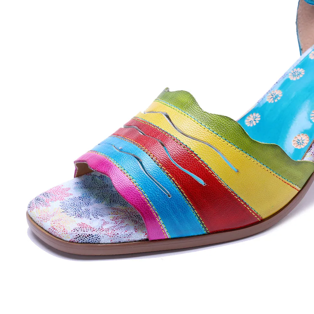 Genuine Leather Hand-polished Retro Color Matching Fashion High-heeled Sandals