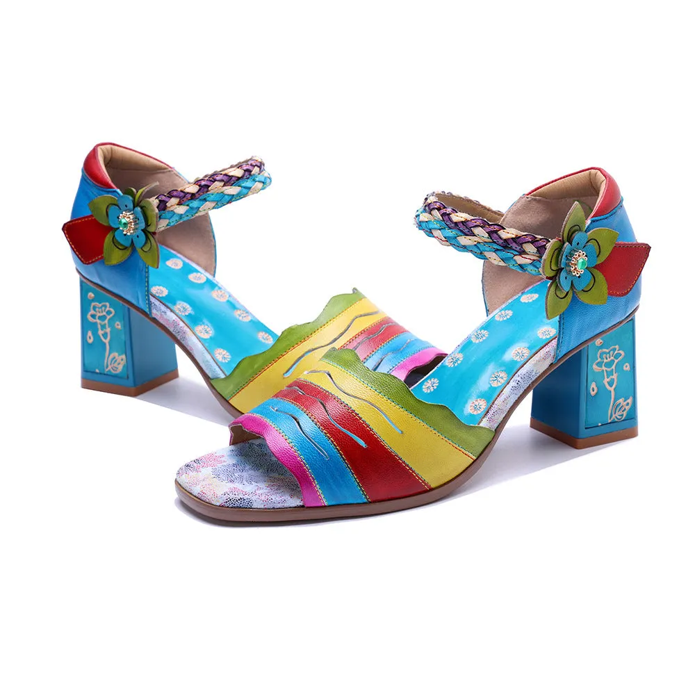 Genuine Leather Hand-polished Retro Color Matching Fashion High-heeled Sandals