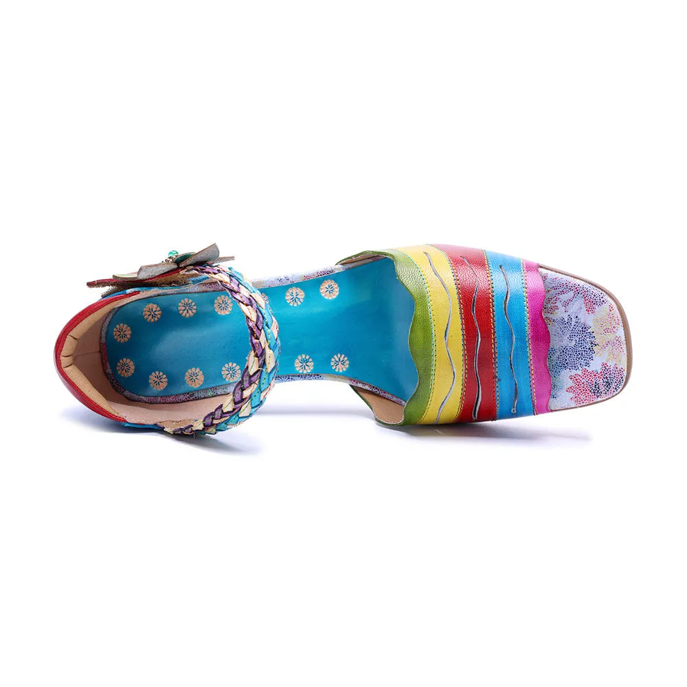 Genuine Leather Hand-polished Retro Color Matching Fashion High-heeled Sandals