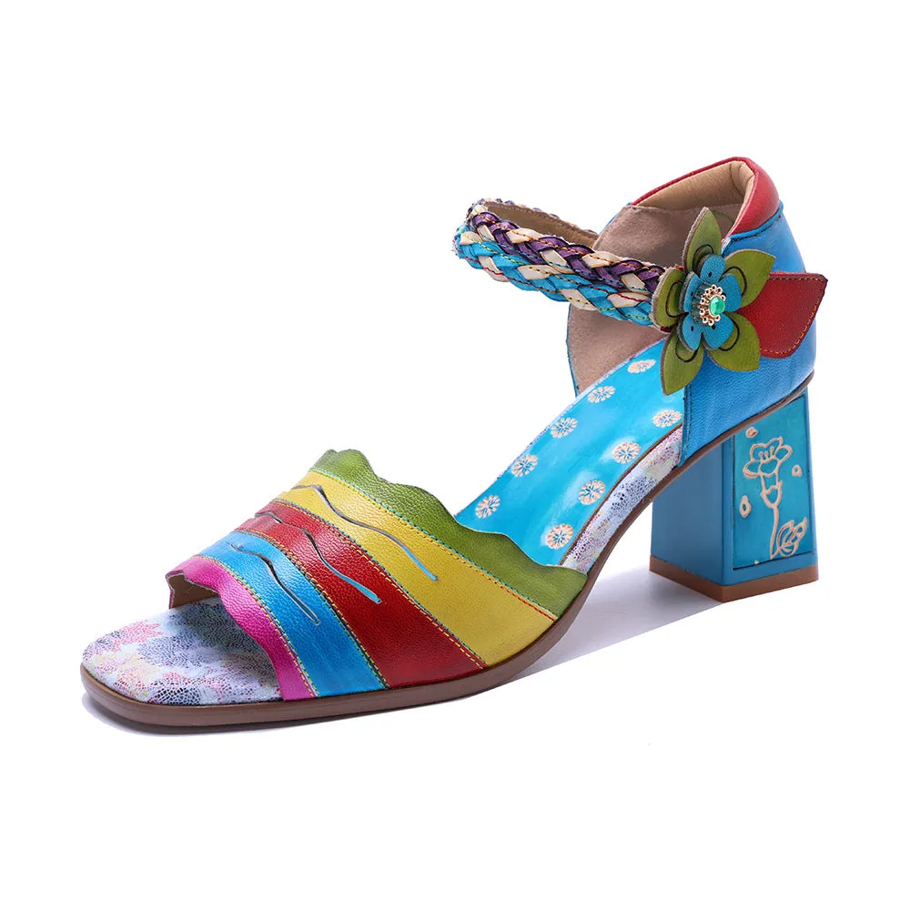 Genuine Leather Hand-polished Retro Color Matching Fashion High-heeled Sandals