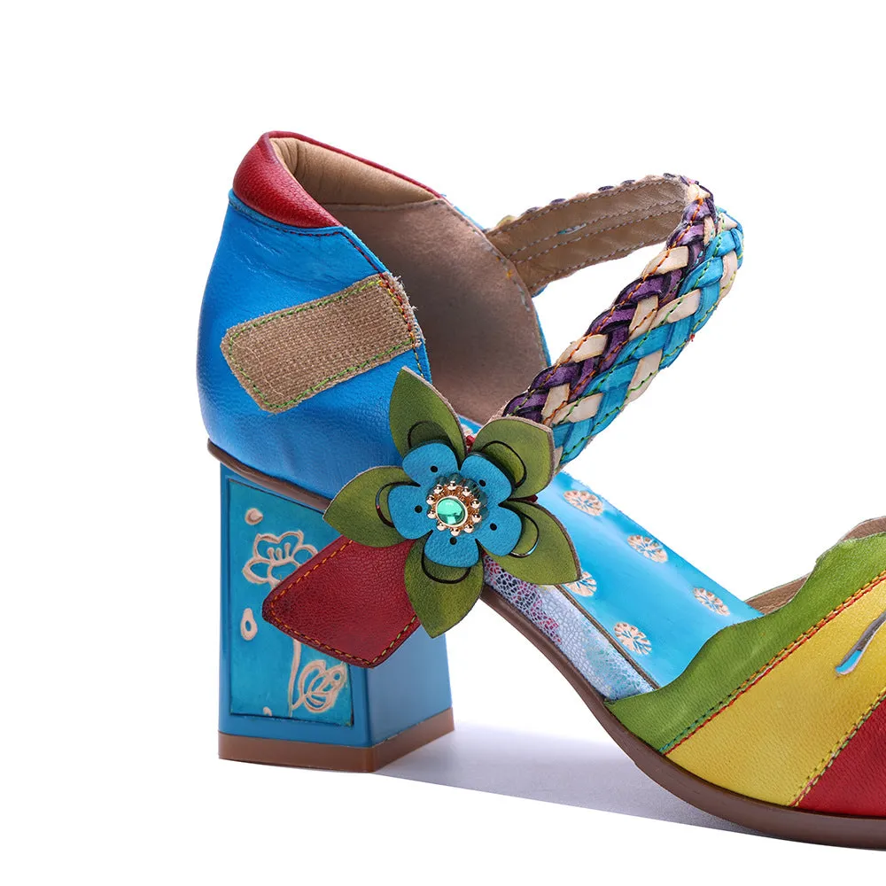 Genuine Leather Hand-polished Retro Color Matching Fashion High-heeled Sandals