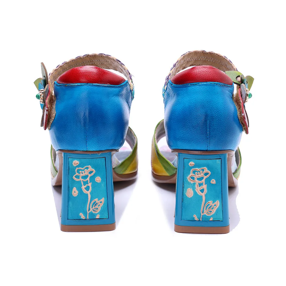 Genuine Leather Hand-polished Retro Color Matching Fashion High-heeled Sandals