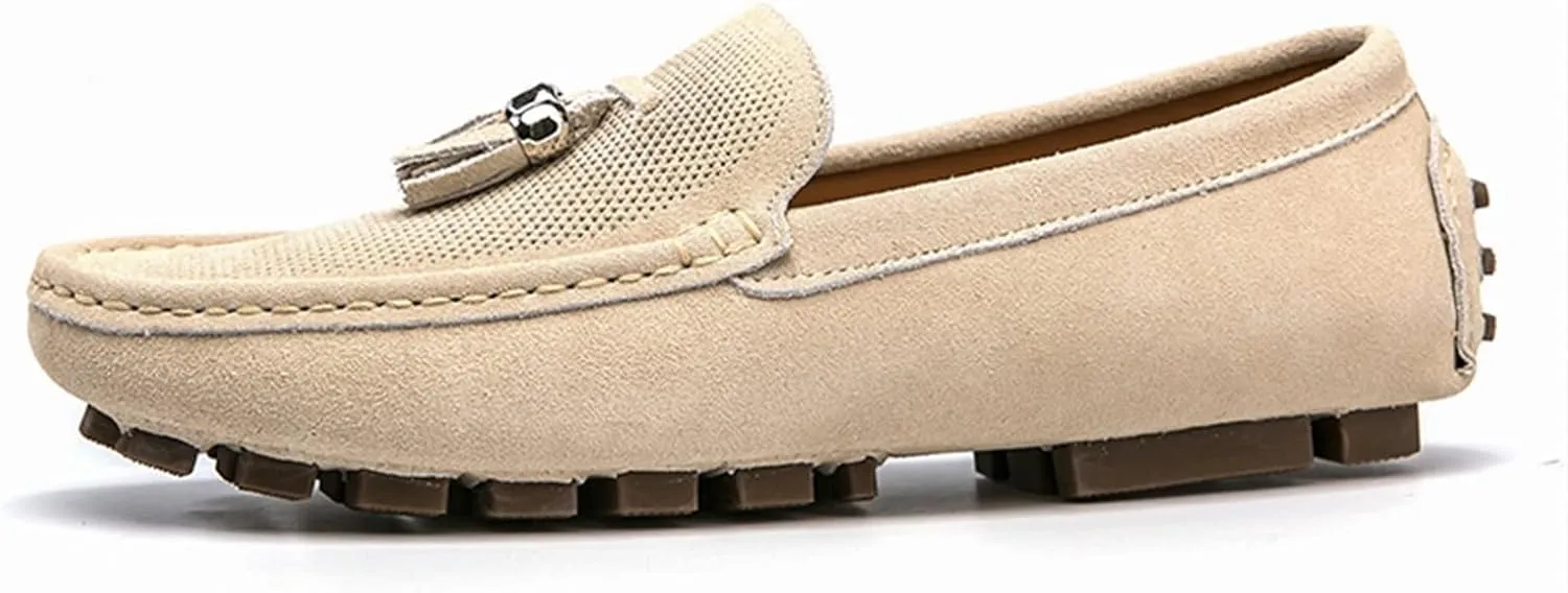 HOOENG Driving Moccasins for Men Genuine Leather Tassel Suede Vamp Perforated Round Toe Stitching Details Resistant Flat Heel Lightweight Casual Slip on