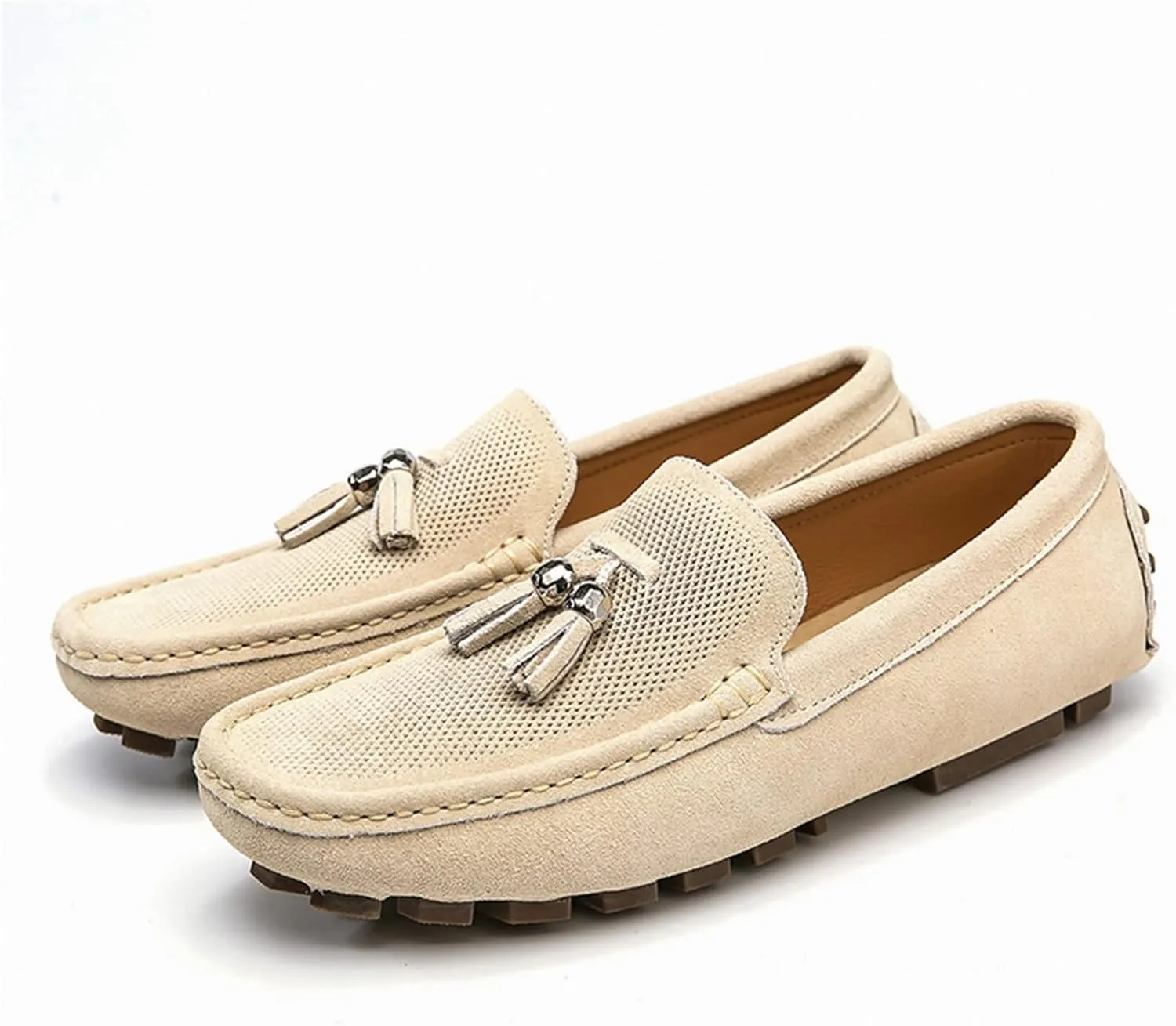 HOOENG Driving Moccasins for Men Genuine Leather Tassel Suede Vamp Perforated Round Toe Stitching Details Resistant Flat Heel Lightweight Casual Slip on