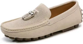 HOOENG Driving Moccasins for Men Genuine Leather Tassel Suede Vamp Perforated Round Toe Stitching Details Resistant Flat Heel Lightweight Casual Slip on