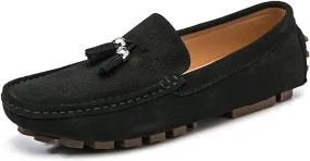 HOOENG Driving Moccasins for Men Genuine Leather Tassel Suede Vamp Perforated Round Toe Stitching Details Resistant Flat Heel Lightweight Casual Slip on