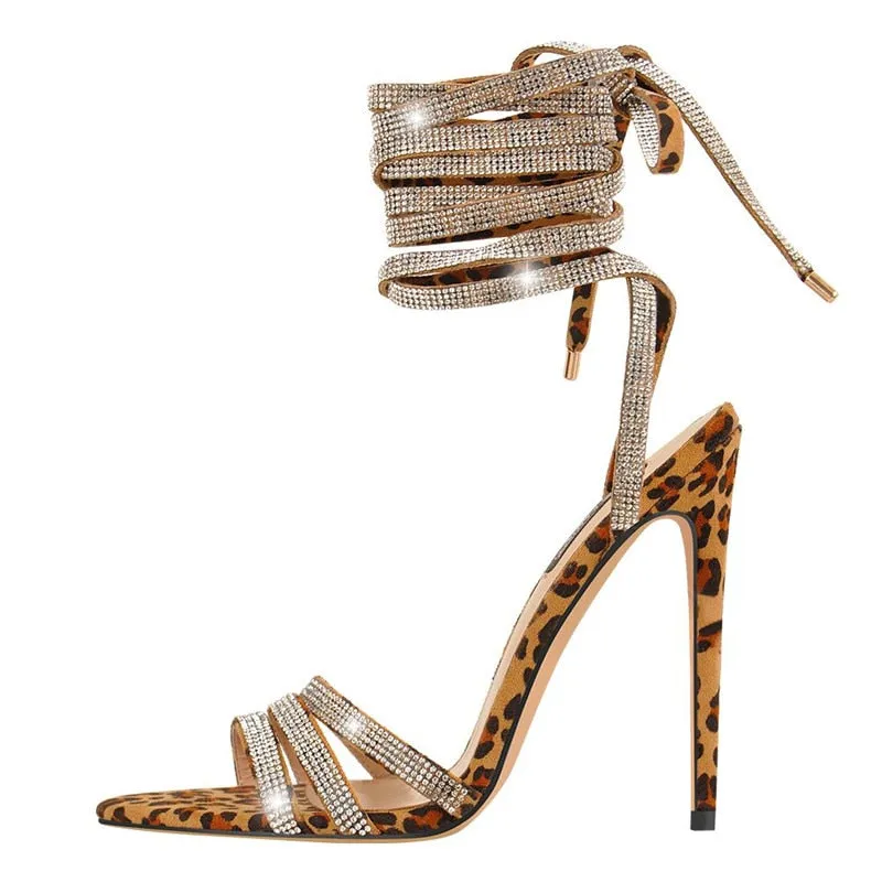 Lace Up Rhinestone Sling Back Thin Heel Sandals