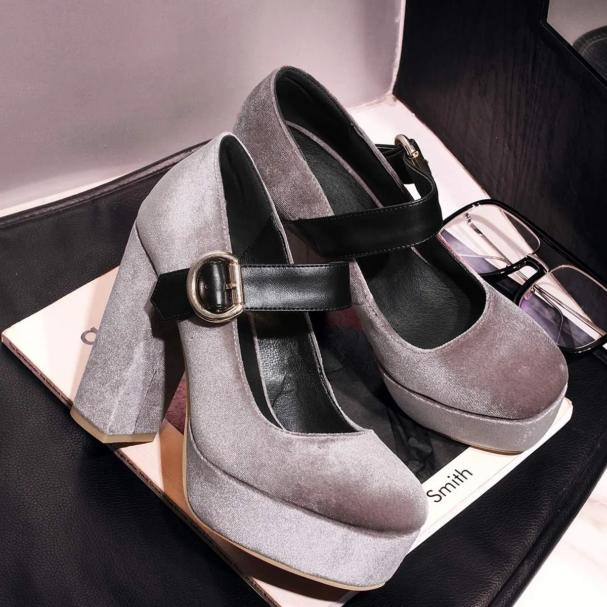 LEHOOR Women Chunky High Heel Round Toe Loafer Pumps Platform Mary Jane Ankle Strap Buckle Ladies Shoes Fashion 4-10 M US