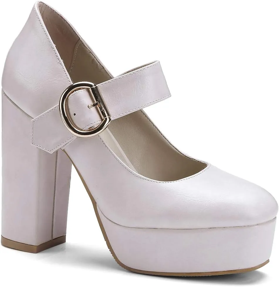 LEHOOR Women Chunky High Heel Round Toe Loafer Pumps Platform Mary Jane Ankle Strap Buckle Ladies Shoes Fashion 4-10 M US
