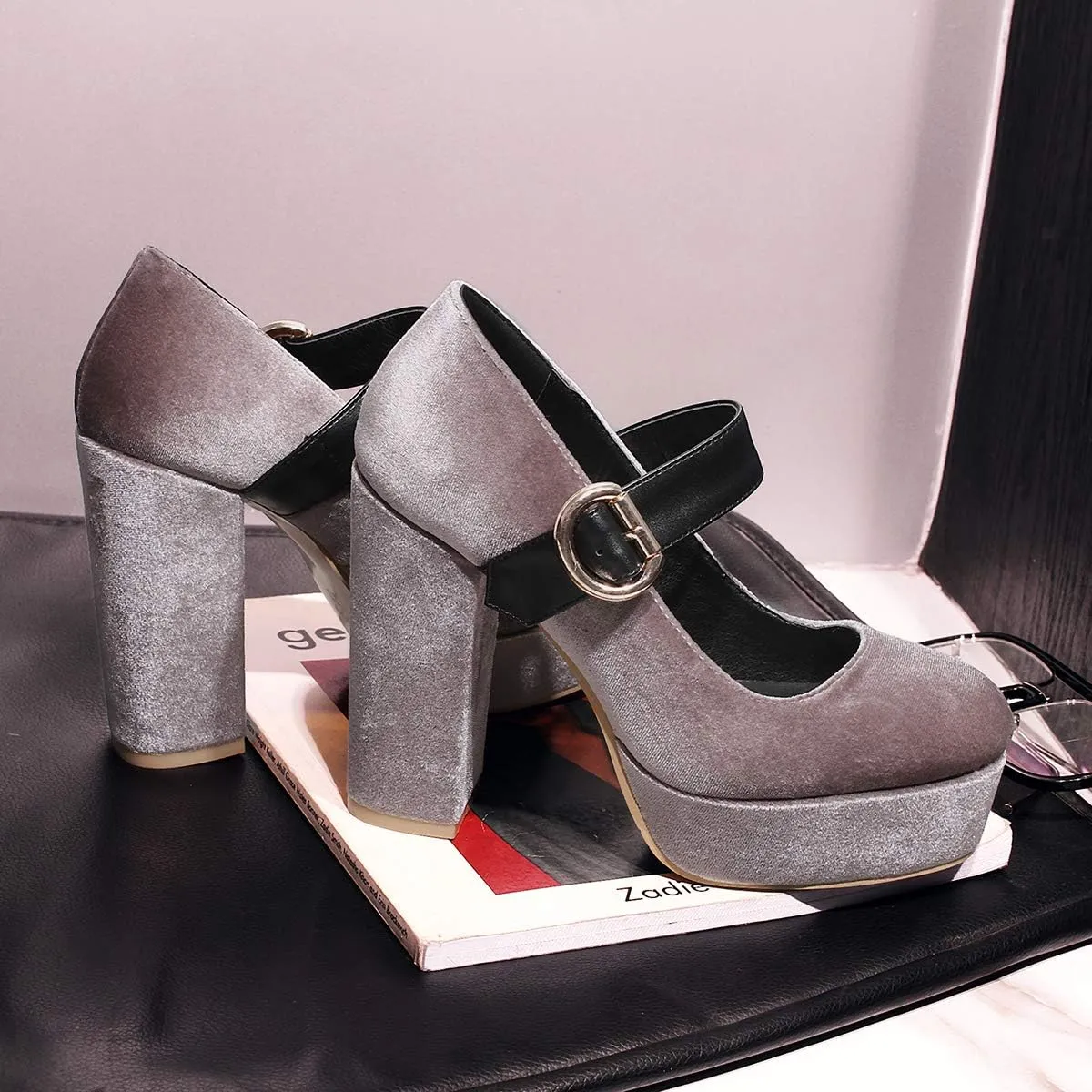 LEHOOR Women Chunky High Heel Round Toe Loafer Pumps Platform Mary Jane Ankle Strap Buckle Ladies Shoes Fashion 4-10 M US